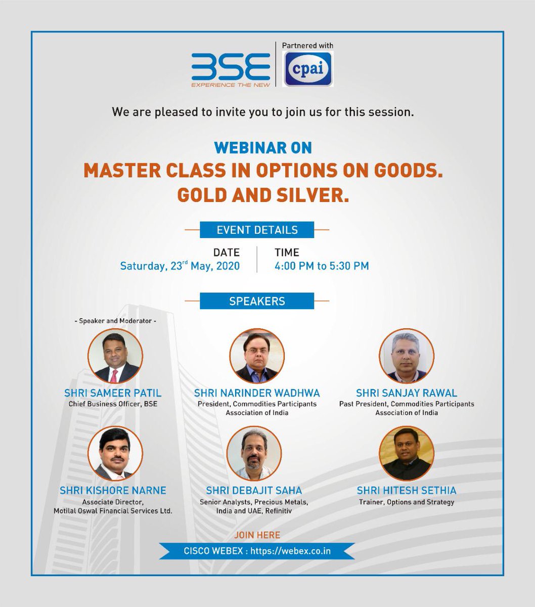 VoiceOfCPAI's tweet image. CPAI partners with BSE for a webinar on &quot;Master class in options on goods&quot; tomorrow 22nd May, at 4 pm. Our President Mr. Narinder Wadhwa will be addressing the audience.
  
@BSEIndia @nwadhwa64 @kishorenarne @Debajit27853884 @sethia_hitesh