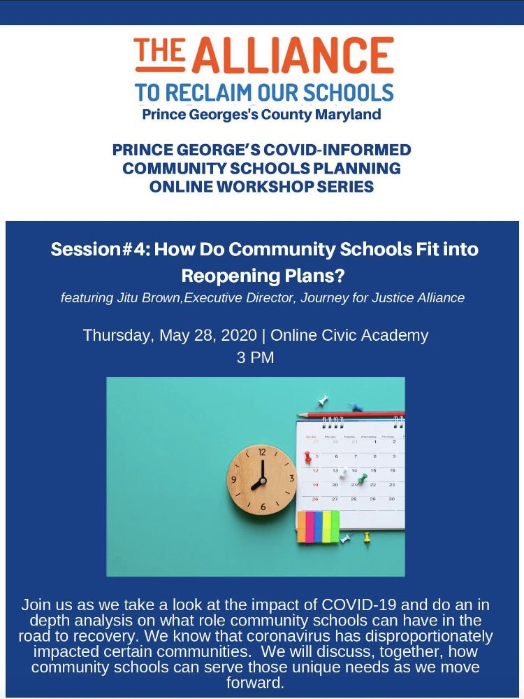 PGCPS Parents, Teachers, Students, Community Members! Join us May 28 for a discussion on Community Schools and Covid-19: “How do Community Schools Fit Into Reopening Plans?” with Jitu Brown, Journey for Justice Alliance. Register online: zoom.us/meeting/regist…
