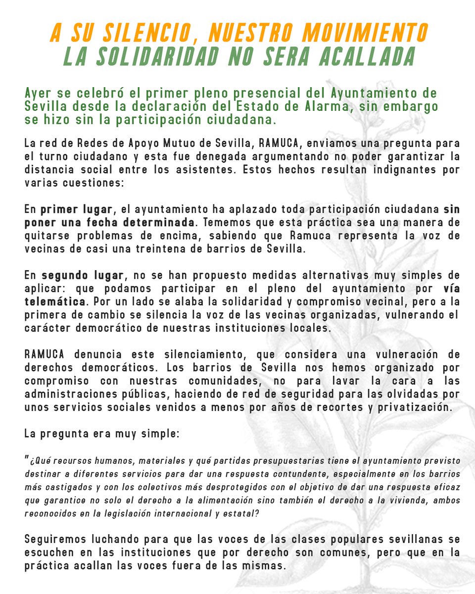 RAMUCA2020's tweet photo. Comunicado de RAMUCA sobre la cancelación del turno ciudadano en los plenos municipales por parte del @Ayto_Sevilla . A su silencio, nuestro movimiento ✊ La solidaridad no será acallada https://t.co/RT2LkFWRny