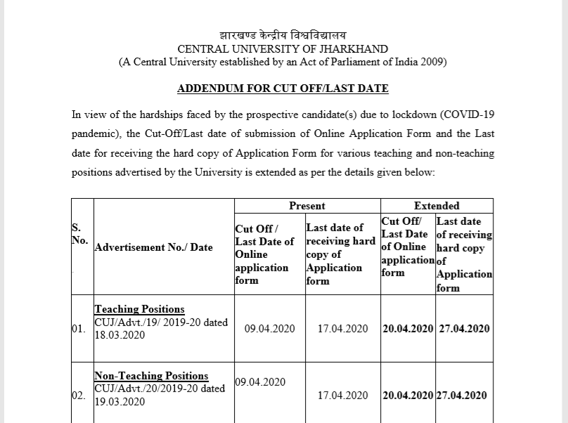 SiddhantKhuran7's tweet photo. Amid precautionary lockdown by the Hon. P.M.,all the application form has been delayed beyond 31st may'20. So, the central University of Jharkhand is requested to extent it's online date for the post of asst. prof. and get digital to upload documents rather than to send by post. https://t.co/xVve3fw9DK