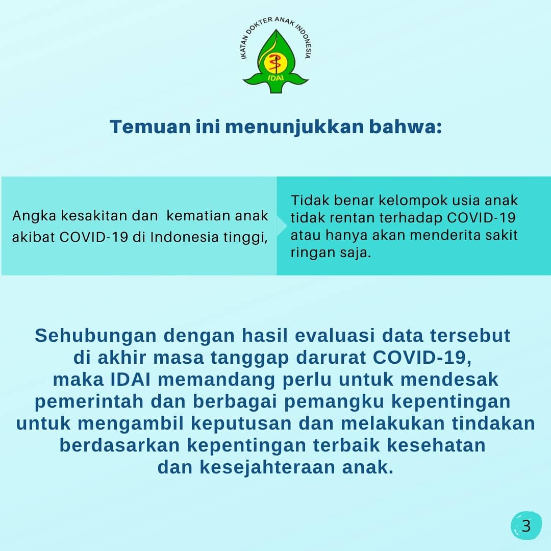 idai_tweets's tweet photo. Simak Anjuran Ikatan Dokter Anak Indonesia  Menjelang Akhir Masa Tanggap Darurat COVID-19 berikut. Baca selengkapnya dalam link di bio (1).
. 
.
.
.
#COVID19
#ChildrenSafety
#InfoCOVID19IDAI
#CoronaVirus
#DiRumahAja https://t.co/u4hwJnNSYB