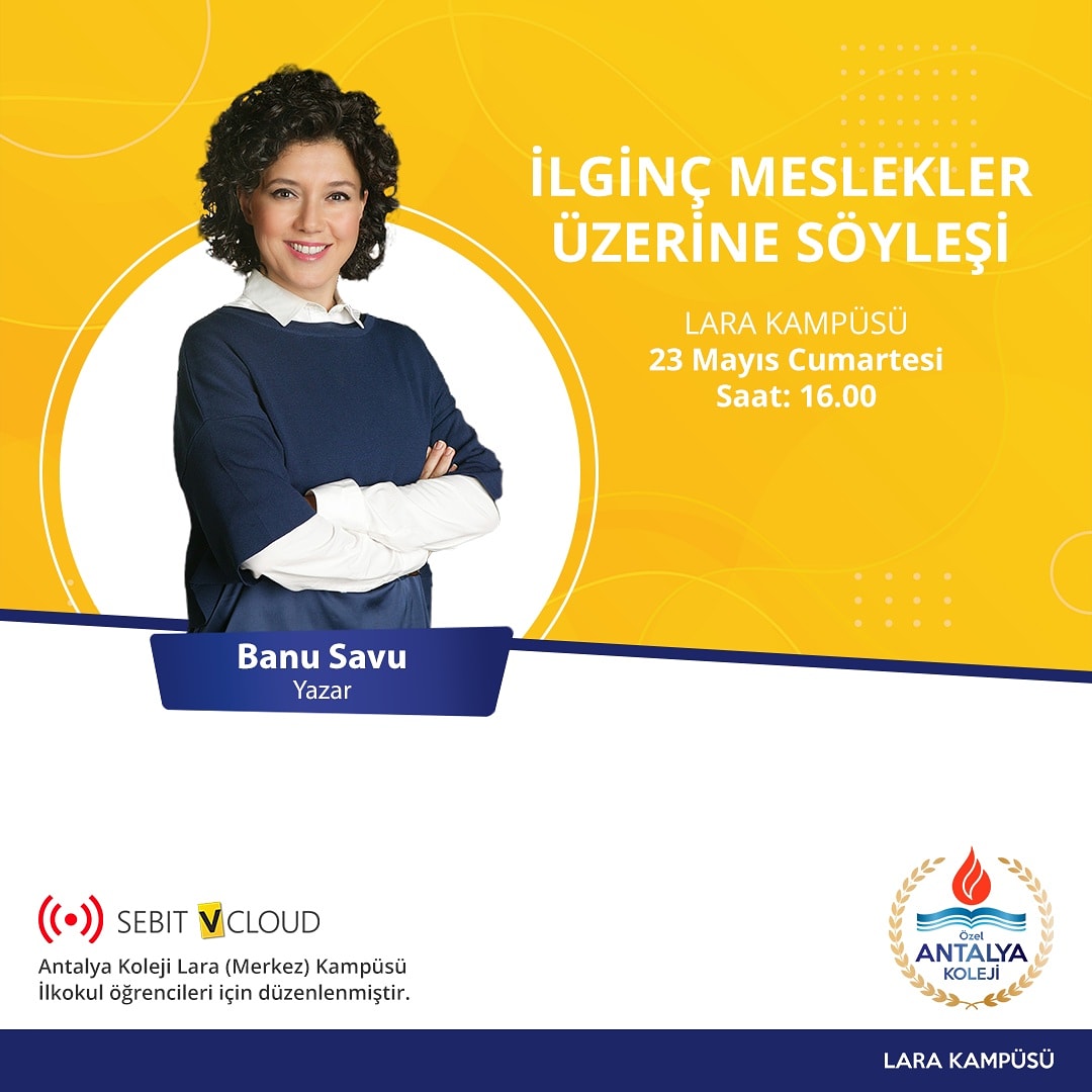 Antalya Koleji Lara (Merkez) Kampüsü İlkokul öğrencileri Banu Savu ile söyleşide buluşuyor.

Öğrencilerimize söyleşi hakkında bilgilendirme K12NET'ten yapılacaktır. 

🗓️ 23 Mayıs Cumartesi
🕕 16.00

<a href="/BanuSavu/">B.savu</a>

#AntalyaKolejiAkademi #LaraMerkezKampüsü #Söyleşi #İlkokul