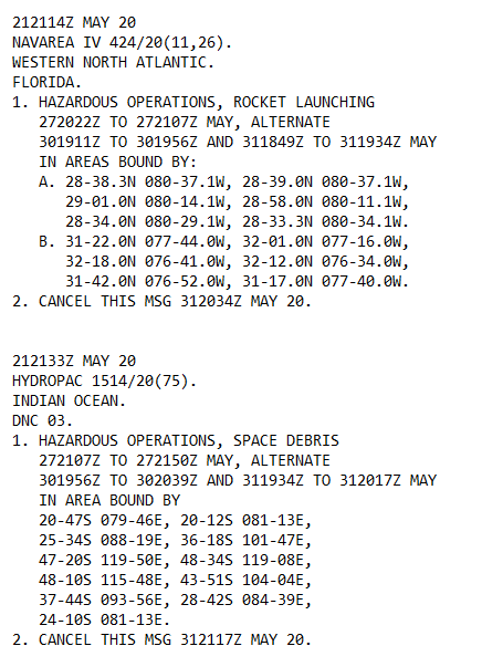 Area warnings and a ground track map for the upcoming  @SpaceX Crew Dragon launch on May 27th, 20:32 UT, the first crewed launch from US soil since the end of the Shuttle program.Twilight viewing opportunity for Europe some 23 minutes after launch, around 22:55 CEST.