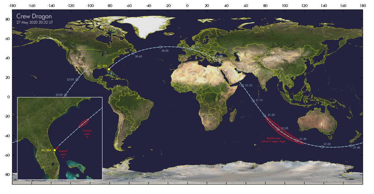 Area warnings and a ground track map for the upcoming  @SpaceX Crew Dragon launch on May 27th, 20:32 UT, the first crewed launch from US soil since the end of the Shuttle program.Twilight viewing opportunity for Europe some 23 minutes after launch, around 22:55 CEST.