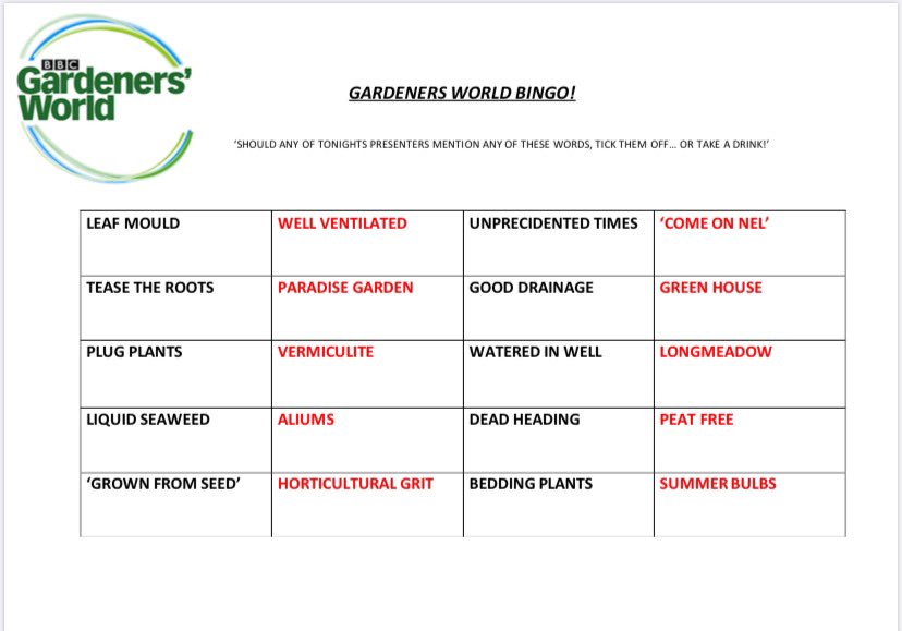 DansPlot's tweet image. Seeing as it’s Friday... thought I’d make a little drinking game/bingo for tonight’s @GWandShows anyone fancy playing @frostatwork @nickbailey365 @TheMontyDon @CarolKlein #lockdownbingo #gardenersworld what’s going to be your drink of choice 👀👀