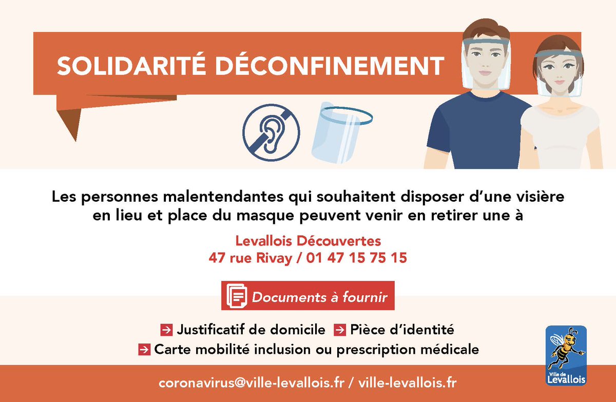 villelevallois's tweet image. Les personnes malentendantes qui souhaitent disposer d’une visière en lieu et place du masque peuvent venir en retirer une à #Levallois Découvertes.
📍47 rue Rivay / 📞01 47 15 75 15