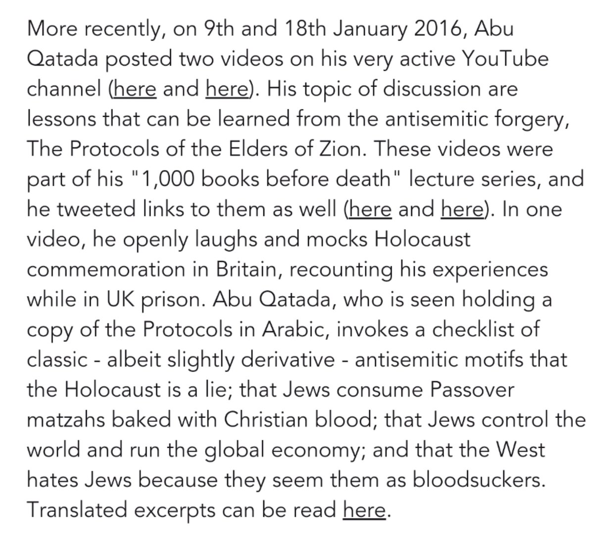 In one video, Qatada openly mocks Holocaust commemoration in Britain and invokes a checklist of  #Antisemitic motifs that the Holocaust is a lie; that Jews consume Passover matzahs baked with Christian blood; that Jews control the world; and that the West sees Jews as bloodsuckers