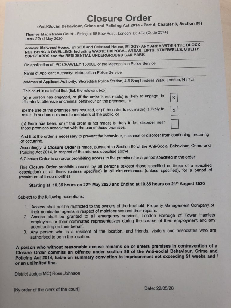 MPSTowerHam's tweet photo. Your @THHomes policing team have responded to complaints from residents and have acted accordingly. Today we attended Bow Magistrates court and obtained two Closure Orders for Colstead and Melwood Houses on Watney Market, E1 #Partnership #ReducingASB https://t.co/kpSaHirZ48
