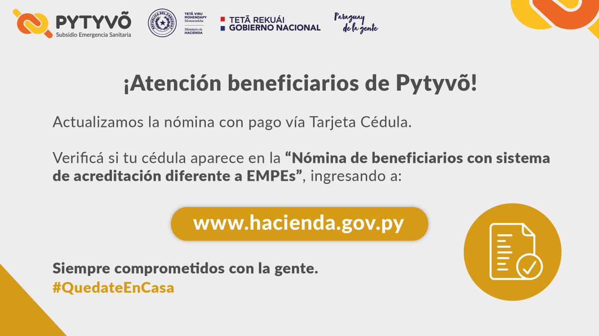 MEF_Paraguay's tweet photo. #Pytyvõ La lista de beneficiarios con pago vía Tarjeta Cédula ha sido actualizada. Puedes verificar si te encuentras en la nómina en: https://t.co/L54HT6DhPp https://t.co/u7p3x2SqwD