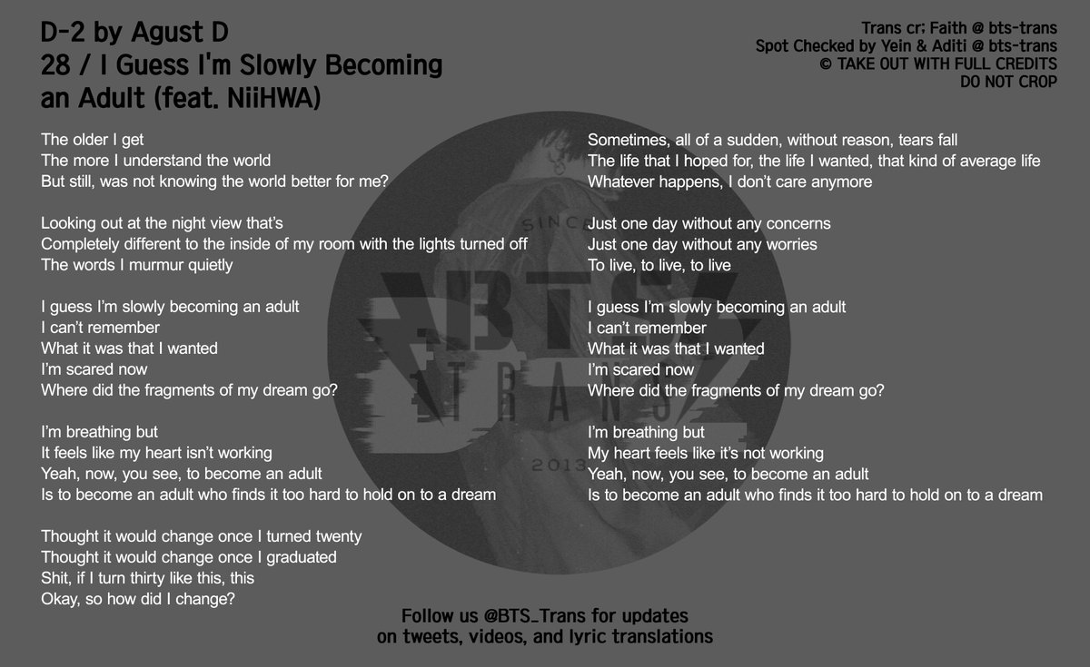 Bts Translations Bangtansubs Kor Eng Lyrics 28 I Guess I M Slowly Becoming An Adult 점점 어른이 되나봐 By Agust D Feat Niihwa Bts Twt Bts 방탄소년단 Agustd2 T Co Pm8aj4tlp9 T Co Lxujxee70x Bts Translations Bangtansubs Kor Eng Lyrics 28 I Guess I M Slowly Becoming An Adult 점점 어른이 되나봐 By Agust D Feat Niihwa Bts Twt Bts 방탄소년단 Agustd2 T Co Pm8aj4tlp9 T Co Lxujxee70x
