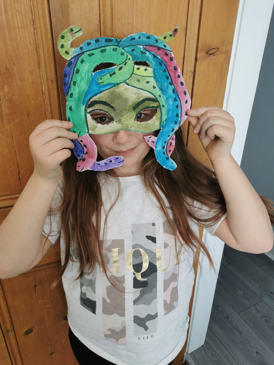 joann0208's tweet photo. @ChurchHillJS We've looked at Greek schooling and games (we also took a look at Zorba dance and plate smashing), we will play marbles over the weekend, Made a Medusa mask as well as hive test, still have some maths to do. https://t.co/TWclLQAO5X