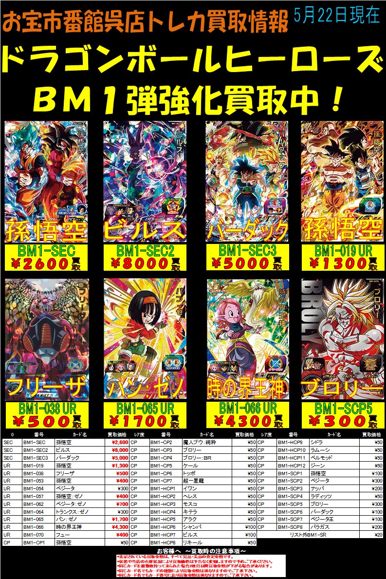おたいち呉カード V Twitter ドラゴンボールヒーローズ 最新弾買取情報更新しました Bm1 Sec2 ビルス 8000買取 Bm1 Sec3 バーダック 5000買取 Bm1 066 時の界王神 4300買取 Bm1 Scp5 ブロリー 300買取 ドラゴンボールヒーローズ 買取 おたいち 呉 Tcg おたいち呉カード V Twitter ドラゴンボールヒーローズ 最新弾買取情報更新しました Bm1 Sec2 ビルス 8000買取 Bm1 Sec3 バーダック 5000買取 Bm1 066 時の界王神 4300買取 Bm1 Scp5 ブロリー 300買取 ドラゴンボールヒーローズ 買取 おたいち 呉 Tcg