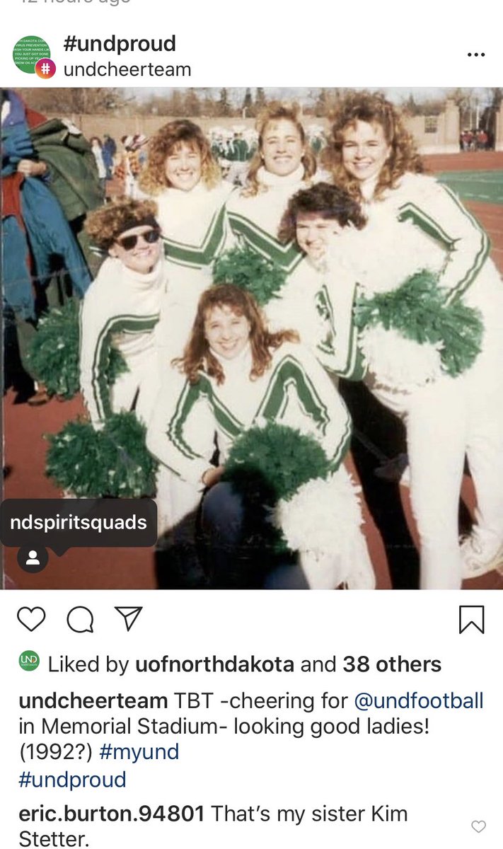 goon48's tweet photo. Checking Instagram today, from the way back machine, my sister Kim was a UND basketball and UND football cheer team member. She’s the on on the left in the back row. #UNDPRIDE https://t.co/aLe0467aAA
