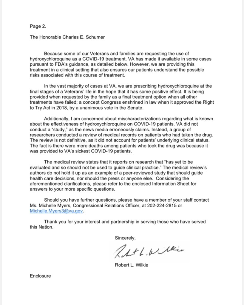 VA Sec Wilkie to Sen Schumer: “Because some of our Veterans & families are requesting the use of hydroxychloroquine as a COVID-19 treatment, VA has made it available in some cases pursuant to FDA’s guidance.”Says “about 1,300 were treated (w/ hydroxychloroquine) for COVID-19."