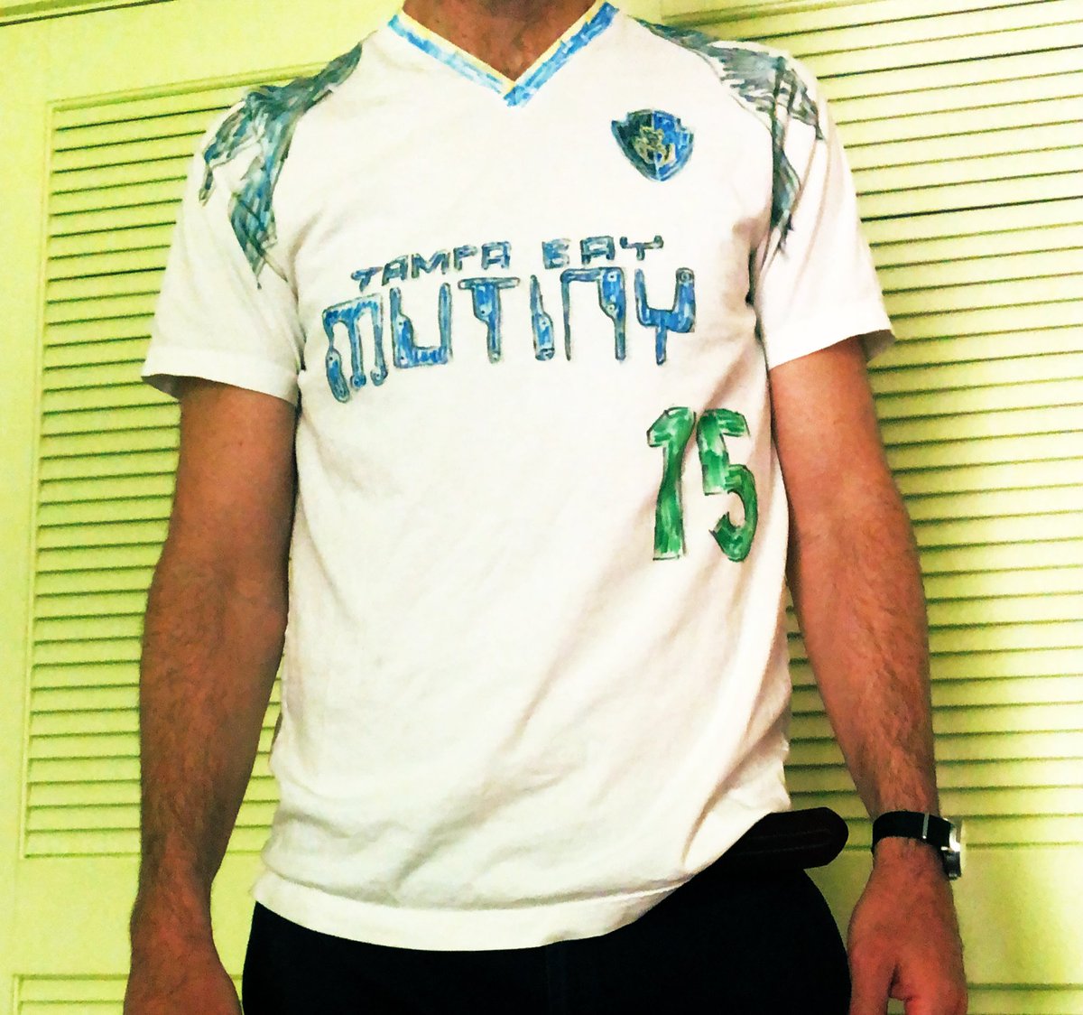 Gaetjens's tweet photo. For today’s @MLS #FlyKitFriday, I would’ve donned my #TBMutiny away jersey from 1996. But I don’t have it with me where I’m sheltering/isolating. So I stayed up way too late last night making a replica. #dork #RIPmutiny https://t.co/mvfl0cw5ft