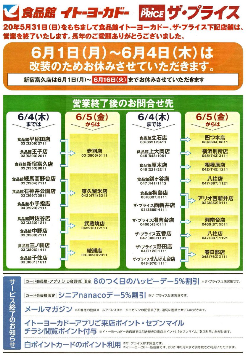 臨海亭東雲 No Twitter イトーヨーカドー から ヨークマート へ移管される食品館15店は ヨークフーズ に ザ プライス5店は ヨークプライス に改称 混雑が生じないよう開店セールはなし 6 5新装オープン 6 1 6 4は改装のため休業 新宿富久は大規模改装