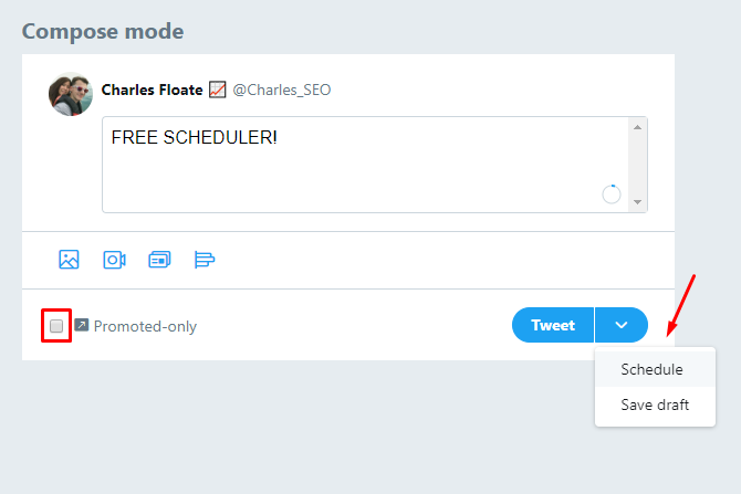 - Twitter Ads has a built-in, free scheduler that makes it look like a standard tweet (no delivered with Hootsuite Pro)Just go to Creatives > Tweets > Compose New & untick "Promoted-only" then schedule the date and time you want - Favorite this page for future scheduling.