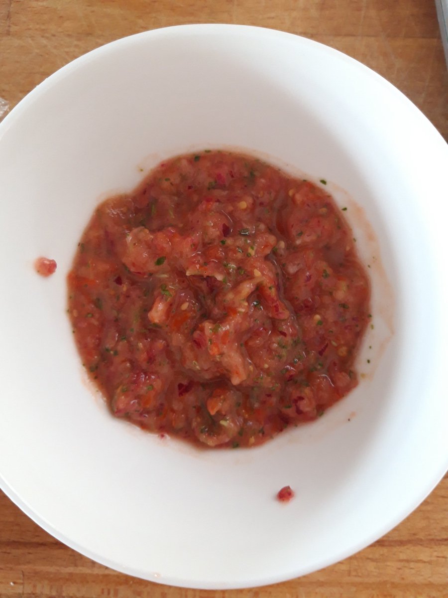 Ok, relish. Obviously lots of ways you can do this but I've gone with a sweet chilli salsa - red onion, coriander, lime juice, tomatoes, sweet chilli sauce.