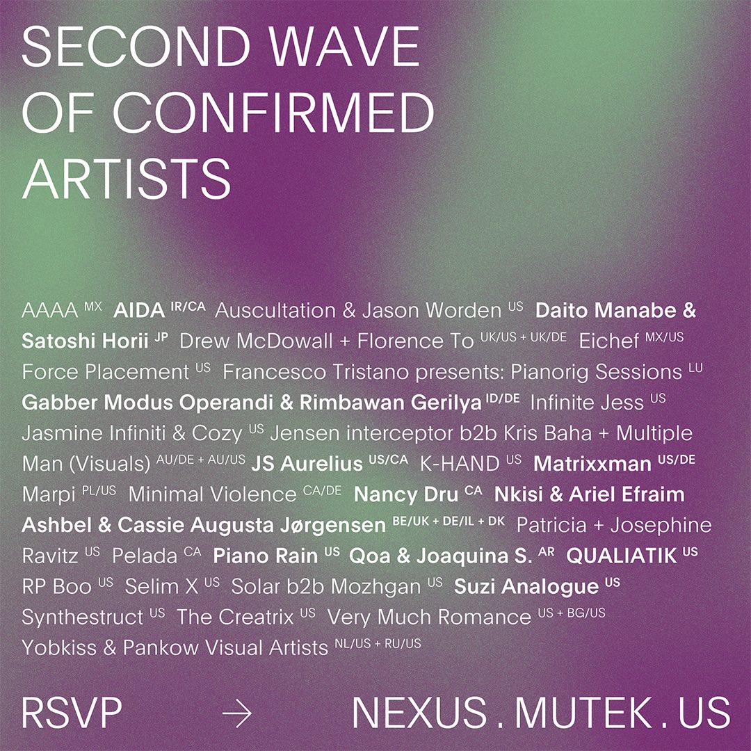 Cartel completo para MUTEK SF Presents: NEXUS Experience, una experiencia 100% online que conectará a los cinco continentes entorno a la creatividad digital, con lives av, performances, charlas, workshops y cine. #MUTEK

REGISTRO ► nexus.mutek.us