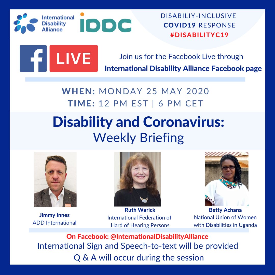 International Disability Alliance (IDA) (@ida_crpd_forum) on Twitter photo JOIN US LIVE! 🎥 <a href="/IDA_CRPD_Forum/">International Disability Alliance (IDA)</a> & <a href="/iddcconsortium/">IDDC</a>
host another Facebook live, Mon 25 May, 12pm EST, 6pm CET. "Disability & #Covid19". IS & CART provided. Join Live thru International Disability Alliance Facebook #DisabilityC19. Exciting speakers! <a href="/adduk/">ADD International</a> <a href="/jimmyklinton/">Jimmy Innes</a> <a href="/ifhoh/">IFHOH</a> JOIN US LIVE! 🎥 <a href="/IDA_CRPD_Forum/">International Disability Alliance (IDA)</a> & <a href="/iddcconsortium/">IDDC</a>
host another Facebook live, Mon 25 May, 12pm EST, 6pm CET. "Disability & #Covid19". IS & CART provided. Join Live thru International Disability Alliance Facebook #DisabilityC19. Exciting speakers! <a href="/adduk/">ADD International</a> <a href="/jimmyklinton/">Jimmy Innes</a> <a href="/ifhoh/">IFHOH</a>