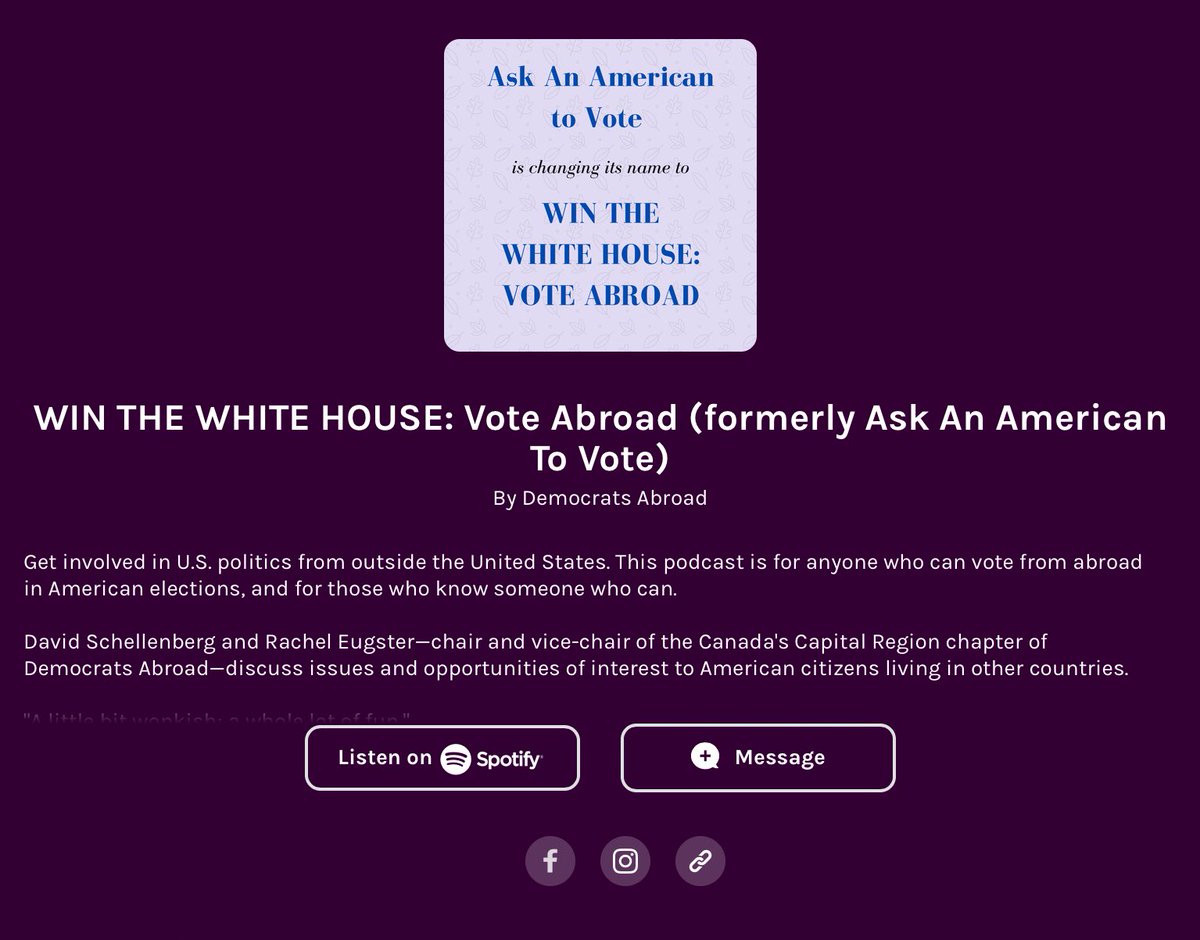 DemsAbroadCan's tweet photo. New name, same great podcast! Find out the latest on voting from abroad. 

Listen to the Win the White House podcast hosted by a members of Democrats Abroad Canada.

https://t.co/HmmlpwzxdM #winthewhitehouse #askanamericantovote #votefromabroad #voteblue #dacanada https://t.co/VkpJeOXCbe