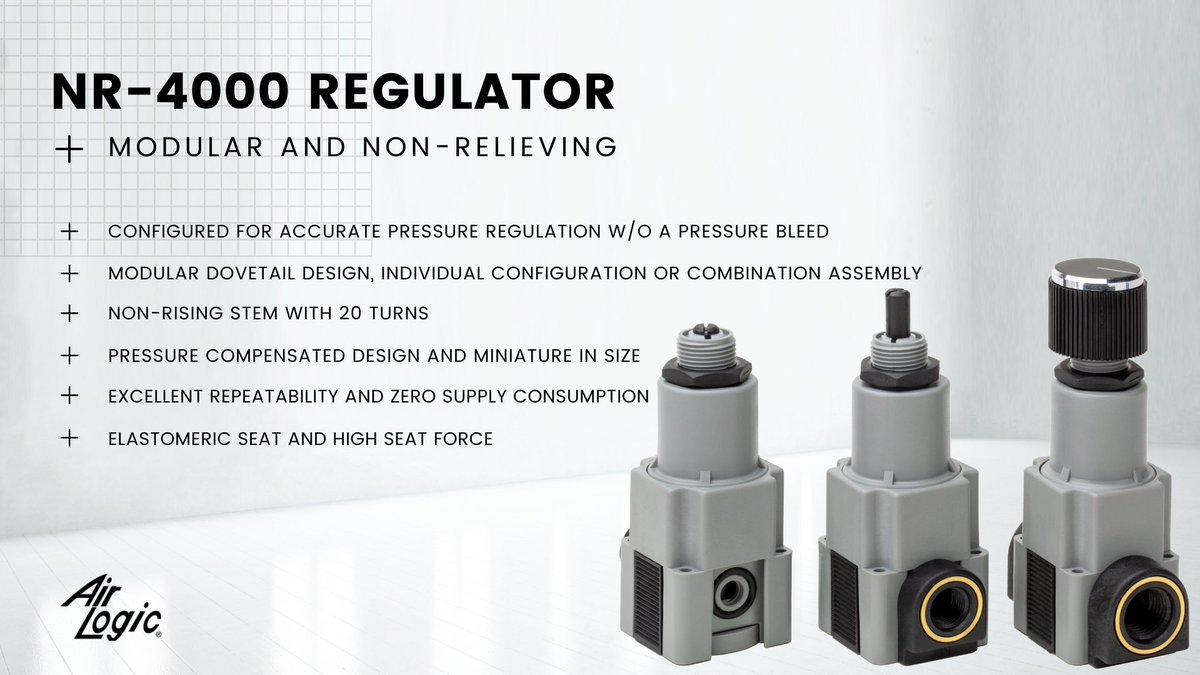 coastpneumatics's tweet photo. The miniature non-relieving NR-4000 #regulator from #AirLogic is ideal for a range of applications. 

Its #modular design allows it to be configured individually or assembled into a modular combination of #pneumatic components. 
 
(888) 313-5609
https://t.co/E5k3MXrqxZ

#CP #ISO https://t.co/tKKEYeGEe7
