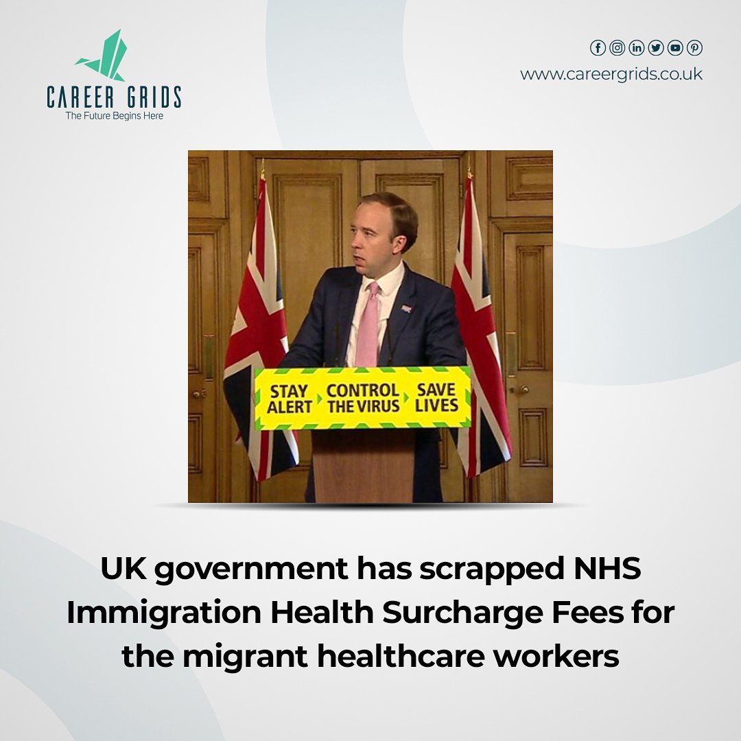 CareerGridsUK's tweet photo. Prime Minister Boris Johnson has scrapped the NHS IHS fee for migrant health care professionals and support staff in a landmark decision.This will undeniably ease the pressure on healthcare staff who are saving lives and leading the fight against COVID-19.

#nhsfees #ihsfees https://t.co/UnOSLi2ybB