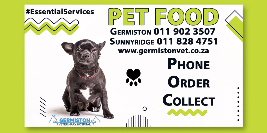 GermistonVet's tweet photo. Keeping your pet's unique nutritional needs in mind, Germiston Veterinary Hospital offer a wide range of pet food products.

Give us a call to order your pet's food of choice.  Germiston 011 902 3507 / Sunnyridge 011 828 4751.

#GermistonVet #EssentialServices #PetFood #PetCare https://t.co/w9cJqKxvUr