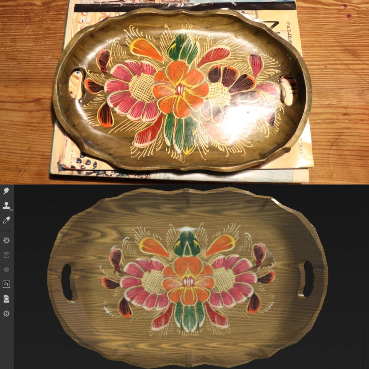 Internalize2020's tweet photo. This may look like just a wooden tray, but a lot of work went into recreating this home decor! So shout out to Chloe Schwarzen (@ccschwar), who did the modeling, and Chase Mussey (@aceman11100), who's rocking out those textures! https://t.co/jayCBViJhw