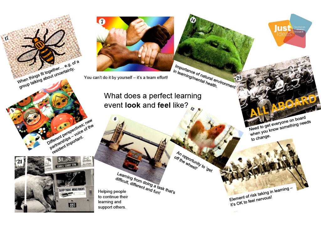 justideasco's tweet photo. Our vision for a great learning experience @  #MentalHealth Learning co-design session. Great to see the ‘postcard activity’ translate into a virtual activity! Thanks all incl. @LocalTrust @NatureNurture_ @Ellzmum @Wewillcampaign @graemefancourt @DebatingMH @rich_usher @MazzaSW https://t.co/uEmc6TWUeo