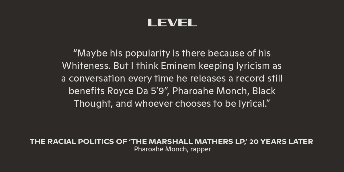 Ultimately, it was Eminem's lyricism that granted him respect in the hip-hop world.  http://read.medium.com/IDq888v 
