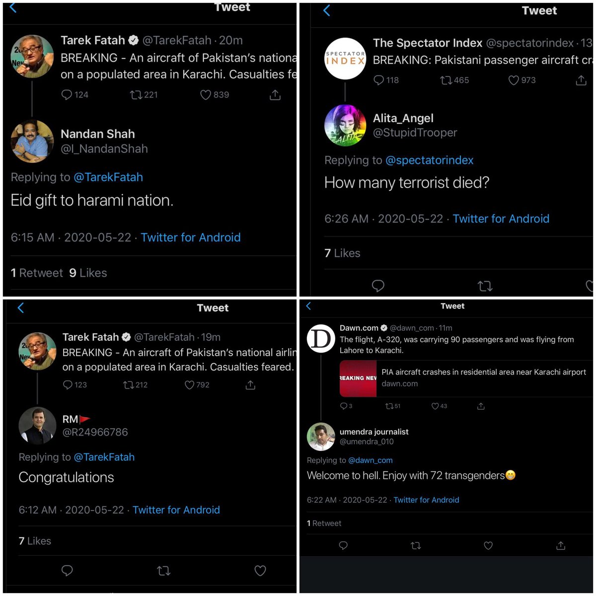 On every human tragedy in India or Pakistan most people on either side of the border express grief & support. Only a few morons on both sides show their inhuman side. But these few poisonous comments trend more on social media. Sane voices are ignored.
#planecrash #PIAPlaneCrash