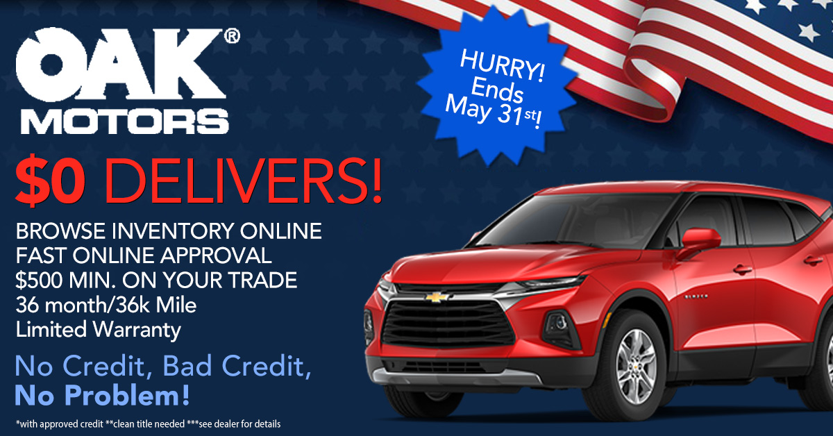 OakMotors's tweet image. 🇺🇸 Oak Motors Memorial Day Sale! 🇺🇸
Head into Oak Motors for our Memorial Day sale, where $0 Delivers and you'll get a minimum of $500 for your trade-in! 💸 All of our vehicles are backed by a 36 month/36,000 mile warranty. With over 500 vehicles in... bit.ly/2SY136a