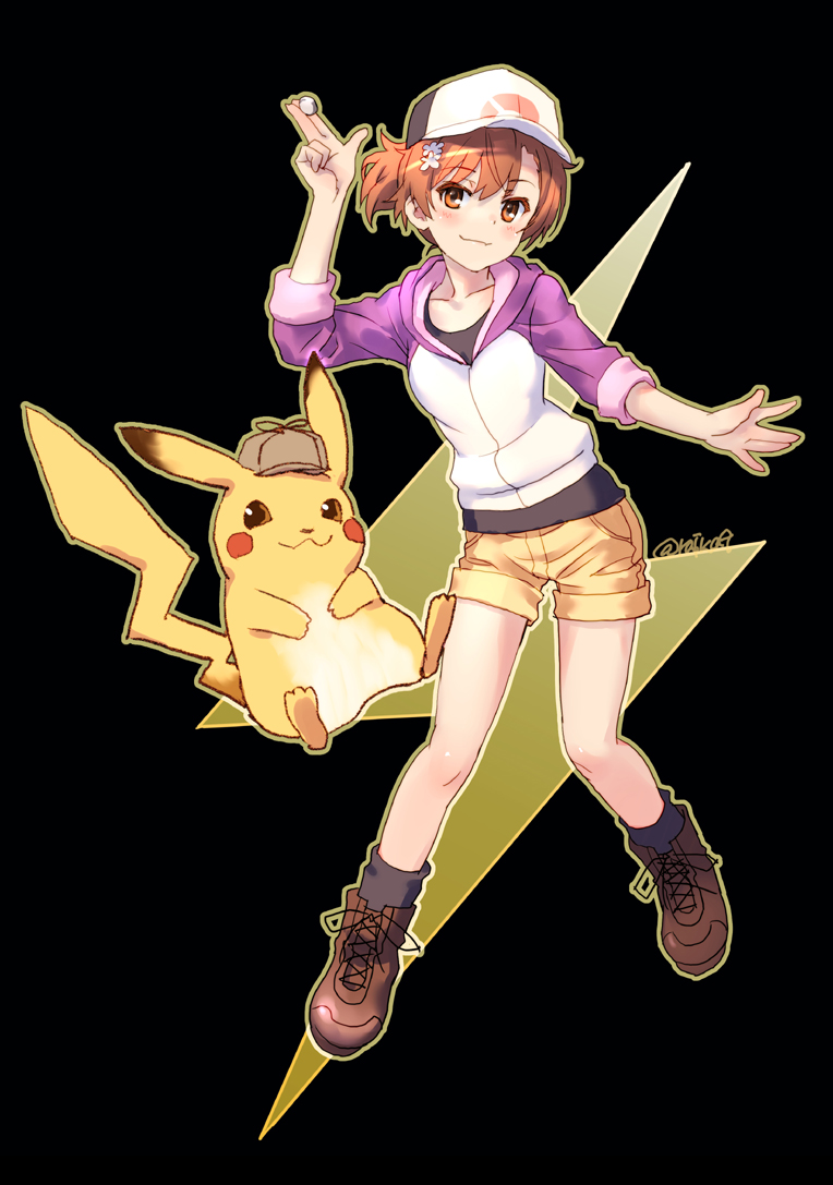 misaka mikoto ,pikachu 1girl hat shorts brown hair brown eyes yellow shorts pokemon (creature)  illustration images