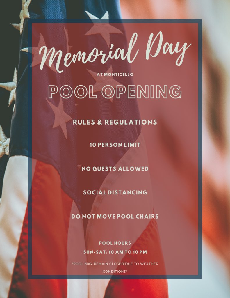 MonticelloAtStw's tweet photo. Memorial Day pool opening! Please follow pool rules for safety! Let's hope weather permits!
•••
Give us a call, or stop by today to learn more about your future home!
405.372.0023
https://t.co/UbqFyAHi4B https://t.co/79hO53zdZC