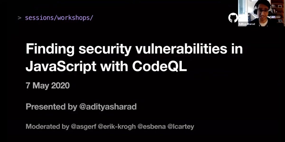 Aditya Sharad’s #GitHubSatellite talk on finding security vulnerabilities in JavaScript with CodeQL is now available at youtube.com/watch?v=pYzfGa…