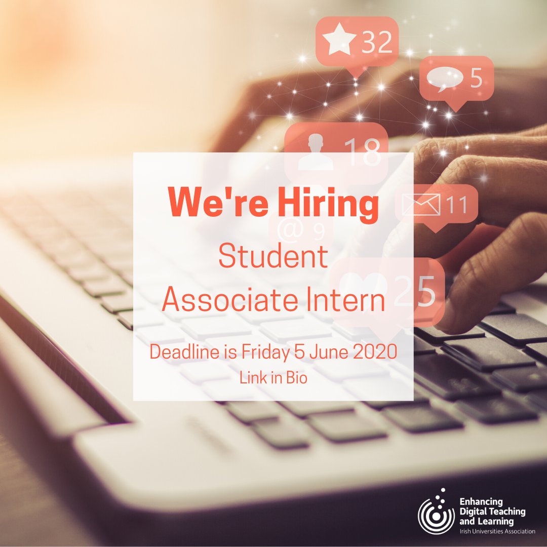 Irish Universities Assoc. (@iuaofficial) on Twitter photo #jobfairy
The #IUADigEd project is hiring a Student Associate Intern for the 1 July – 31 Dec 2020! This is a paid position, 15hrs per week & you must be a current student/recent graduate (within the last 12 months) of an IUA university
Full job spec is at iua.ie/about/vacancie… #jobfairy
The #IUADigEd project is hiring a Student Associate Intern for the 1 July – 31 Dec 2020! This is a paid position, 15hrs per week & you must be a current student/recent graduate (within the last 12 months) of an IUA university
Full job spec is at iua.ie/about/vacancie…