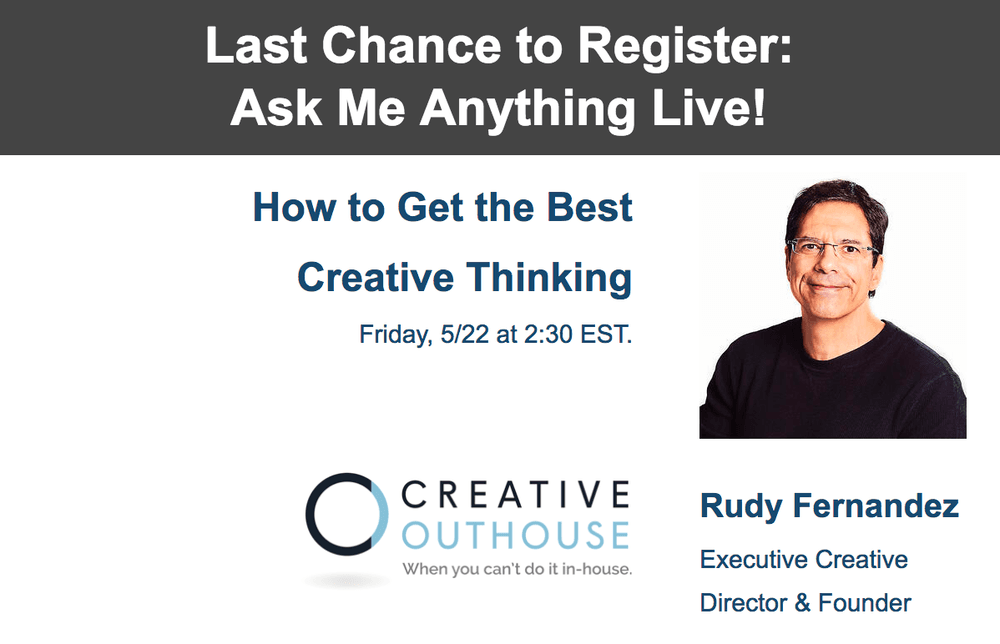 You've still got time to register for today's #AMA.
When: Friday, May 22nd at 2:30 EST
Register: creativeouthouse.com/creative-ama/

#AskMeAnything #CreativeAgency #Marketing #Creative #CreativeThinking #AtlantaAgency #MarketingAgency #Atlanta