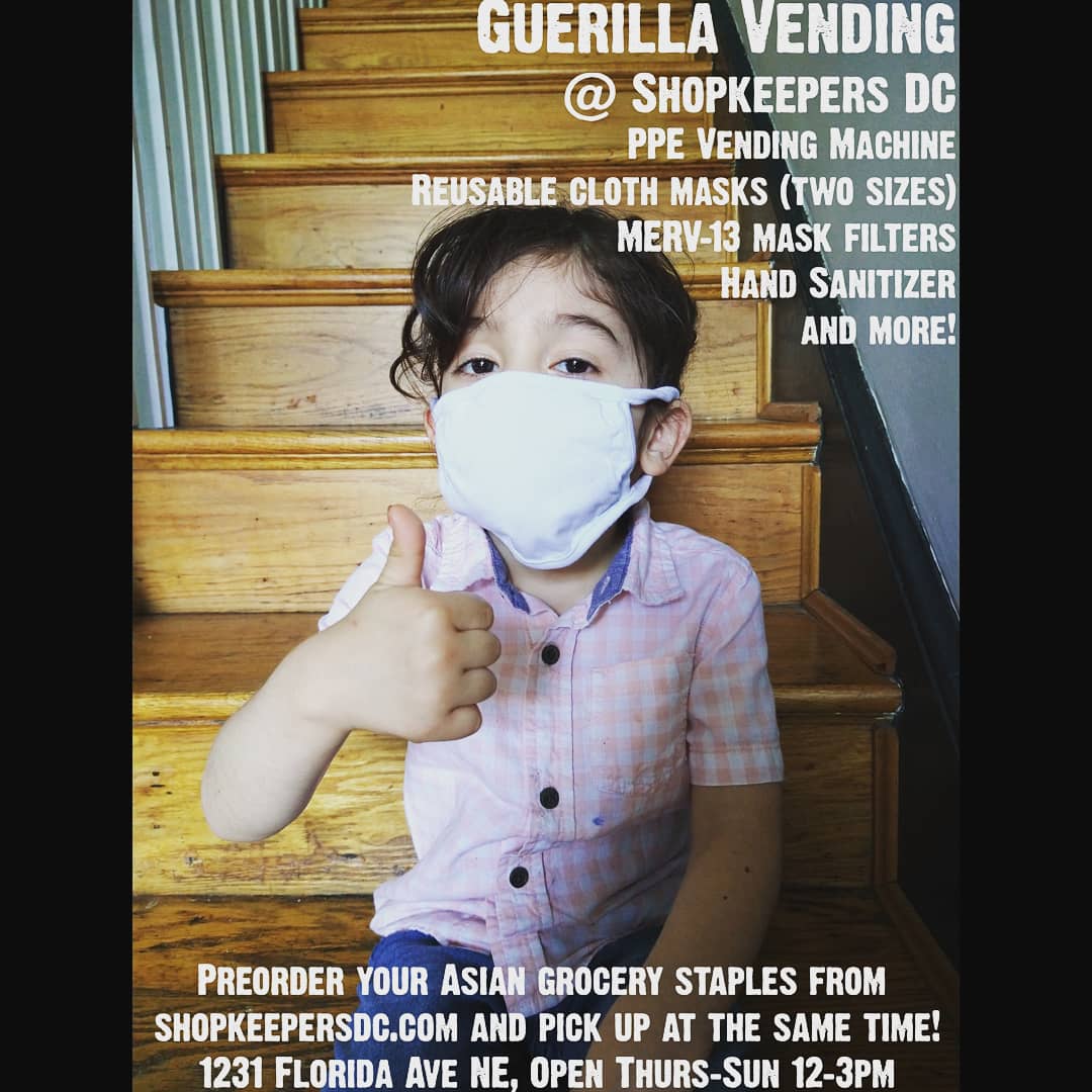 GuerillaVending's tweet photo. We are offering reusable cloths masks, MERV-13 mask filters and hand sanitizer in a PPE vending machine! We have small (for kids) and large (for adults) cloth face masks. Let's mask up DC and all stay safe! If you want a #PPEVendingmachine for your space, please hit us up! #PPE https://t.co/6osutiVO2p