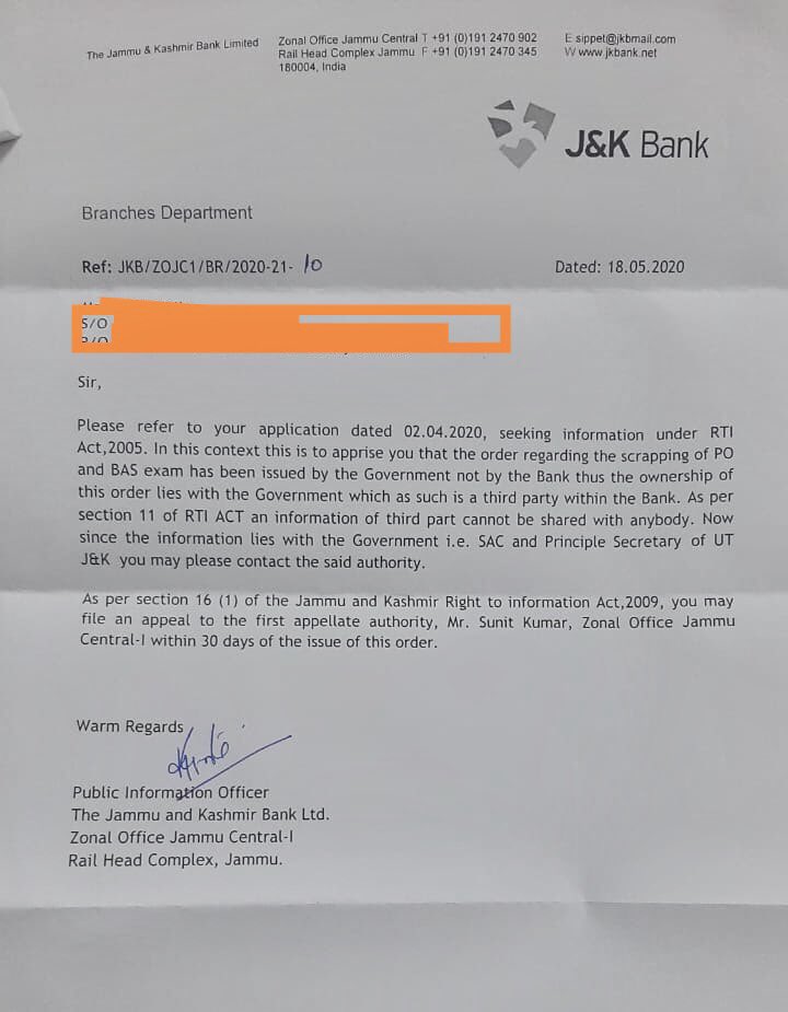 AnkurSharma_Adv's tweet photo. JK Bank refuses to provide copy of the Exam Cancellation Order under RTI.

The foolish part in the reply: 

They categorise the “Government” a “Third Party”

And the Cancellation Order a “Private Property”

Such a Thuggish reply

Stop playing with Youth

#DeclareJKBankResult https://t.co/VeL82AVV72