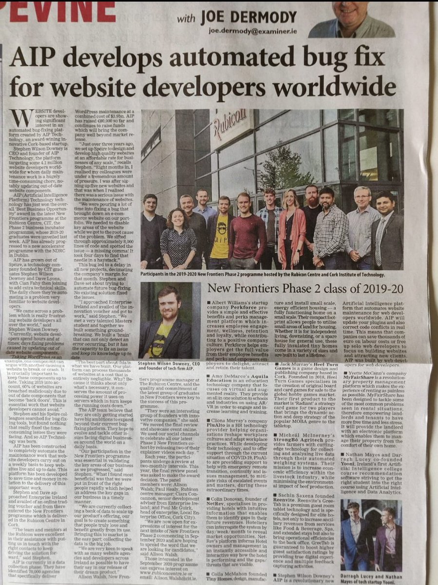 rubiconcentre's tweet image. Thanks to @JoeDermody and the @irishexaminer for a great write up on #NewFrontiers and our Best Business Opportunity Winner @AIPTechnology, interested in New Frontiers ? Apply online rubiconcentre.ie #WeLoveStartUps