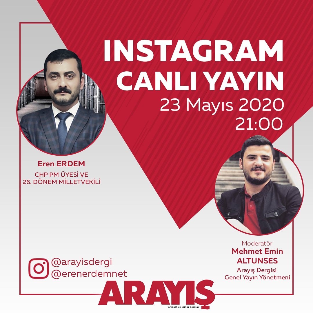 Arayış Dergi (@arayisdergi) on Twitter photo CHP PM Üyesi ve 26.Dönem Milletvekili <a href="/erenerdemnet/">Eren Erdem</a>, 23 Mayıs Cumartesi akşamı 21:00'da İnstagram hesabımızdan gerçekleşecek canlı yayına konuk olacaktır.
İyi seyirler... CHP PM Üyesi ve 26.Dönem Milletvekili <a href="/erenerdemnet/">Eren Erdem</a>, 23 Mayıs Cumartesi akşamı 21:00'da İnstagram hesabımızdan gerçekleşecek canlı yayına konuk olacaktır.
İyi seyirler...