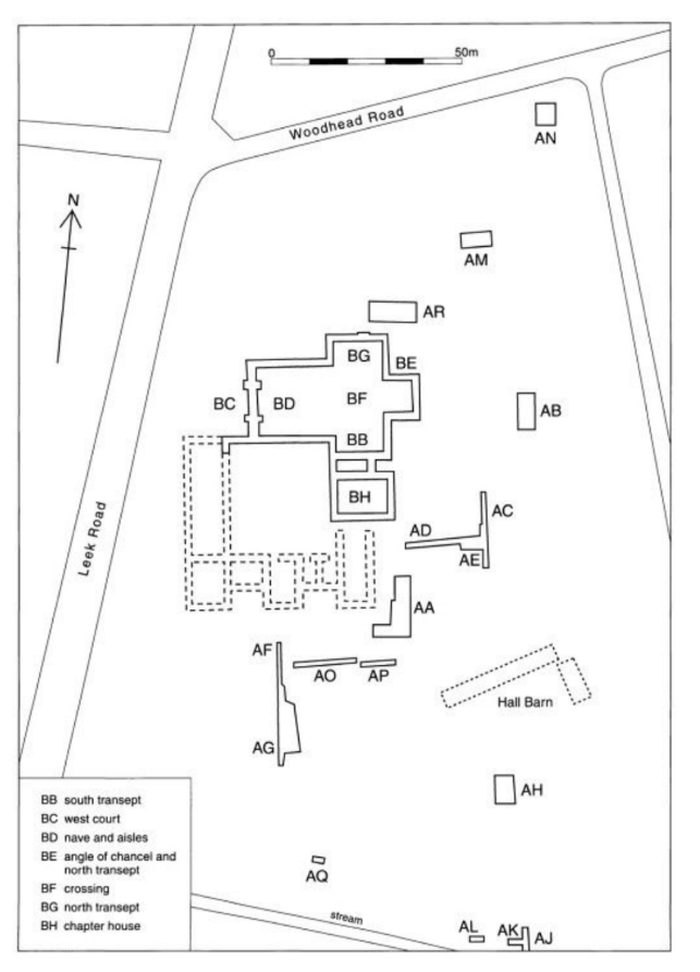 Hulton Abbey, another Cistercian house! Outside Stoke-on-Trent! £87 gross! But it did have an absurdly dinky four-bay nave. f.1219: did it never have laybrothers hence no choir for them? Only accurate plan I could get hold of was of these archaeological trenches dug in 1989.
