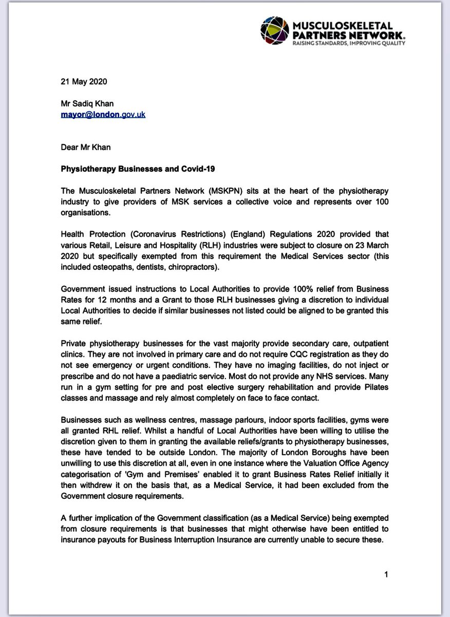 msk_partners's tweet photo. We’ve sent a letter to @MayorofLondon about the lack of Business Rates Relief and therefore no Business Interruption insurance and this could lead to an MSK crisis in the NHS. Copy and paste for your MP here https://t.co/89WmRj2H6b https://t.co/sOJNdVXAo0