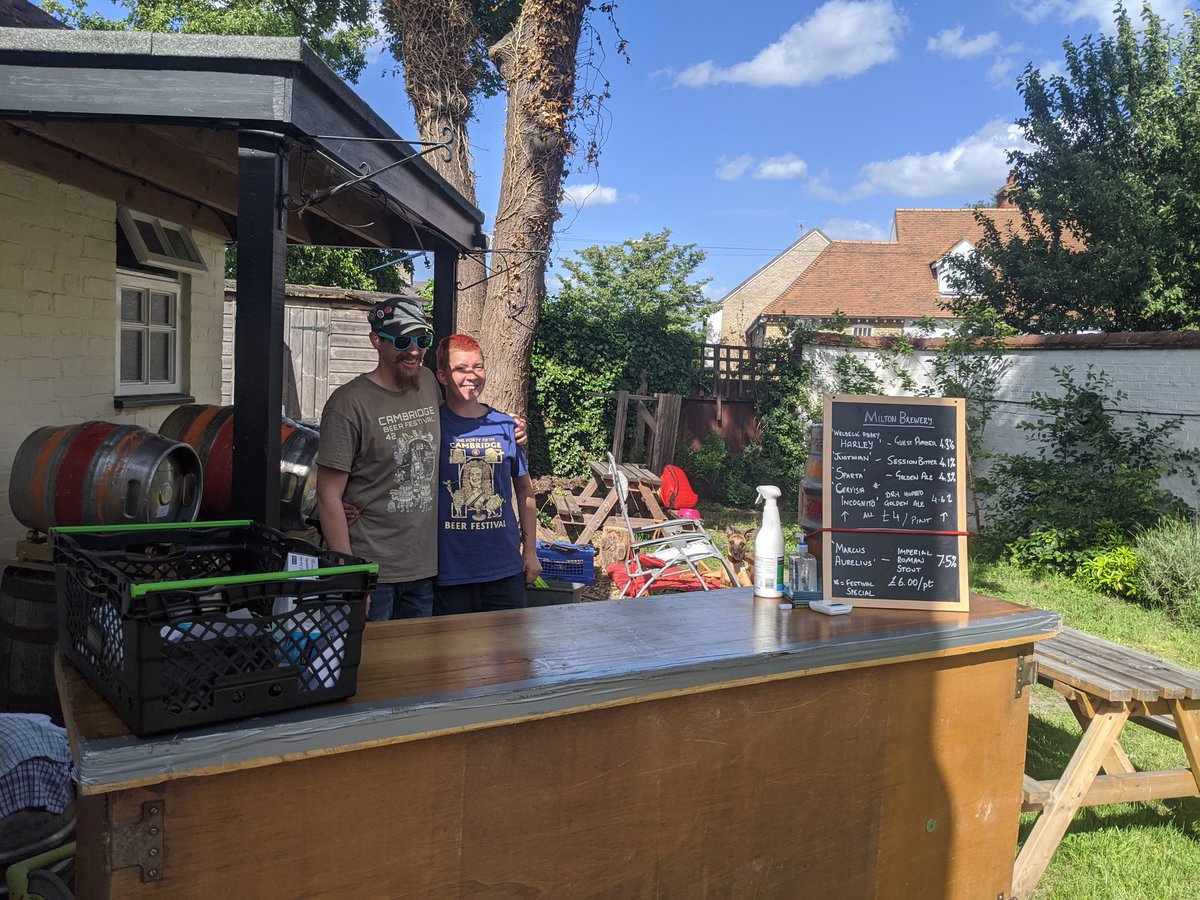 HaymakersCam's tweet photo. Open for business, the @miltonbrewery beer festival pop-up takeaway bar until 8pm tonight. Ably assisted by volunteers @BeeryBen and @RedChefBecky . Bring containers and we will fill them! https://t.co/yNLW8JqE2G
