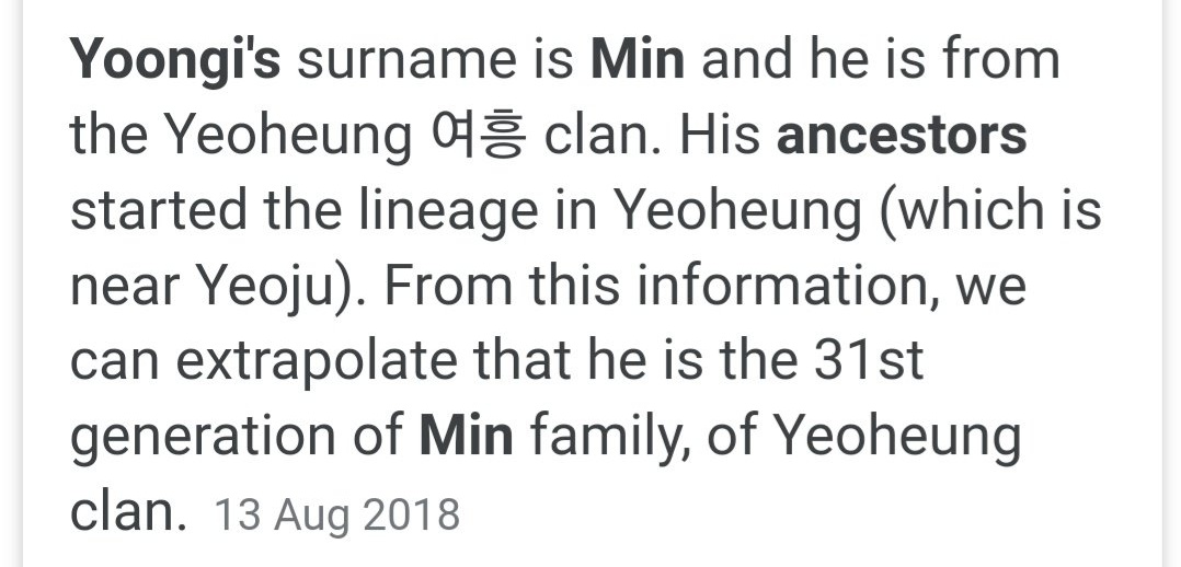 pour commencer, une petite introduction aux origines du clan 'min' (unique) auquel yoongi appartient (31ème génération). • le clan min a notamment comme ancêtres des reines et des représentants du gouvernement coréen !