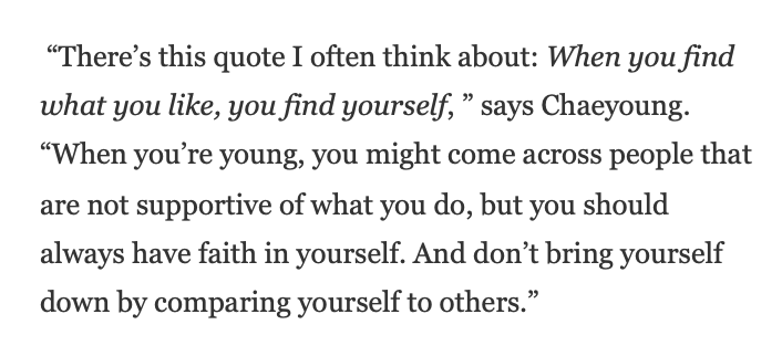 ARQ2123's tweet photo. "When you find what you like, you find yourself. You might come across people that aren’t supportive of what you do, but you should always have faith in yourself. Don’t bring yourself down by comparing yourself to others."

Chaeyoung you're doing amazing, 💕 @JYPETWICE @misayeon https://t.co/1WXThbR8J0