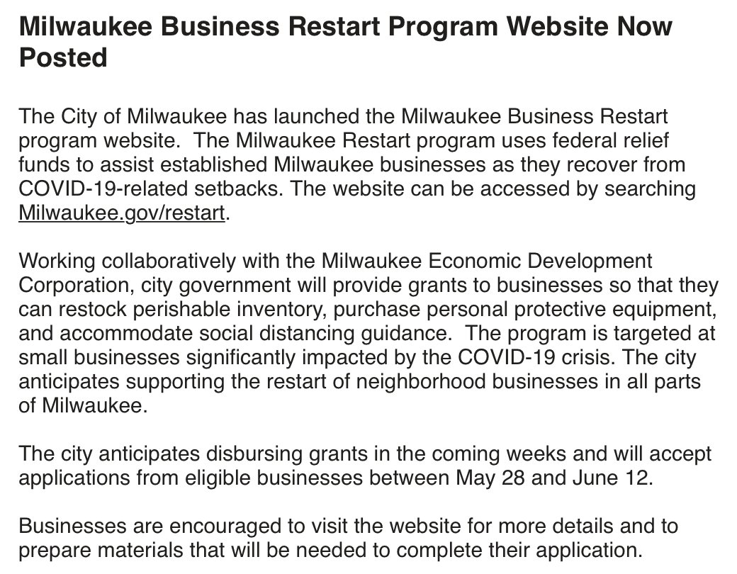 Milwaukee Business Restart Program Website Now Posted from @MilwaukeeDCD as of 5.22.20: city.milwaukee.gov/DCD/BusinessTo…