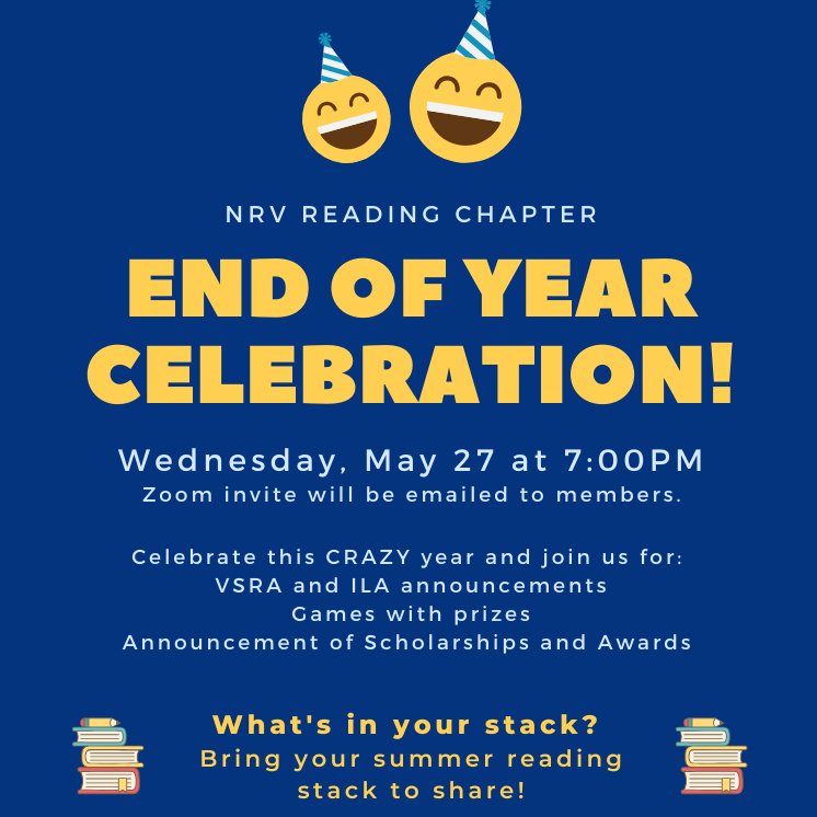 NRVRC members: Save the date for our End of Year Celebration! Join us on Zoom next Wednesday, May 27 at 7:00pm. We will share VSRA and ILA announcements, announce scholarships and awards, and play games where you can win prizes! 📚
