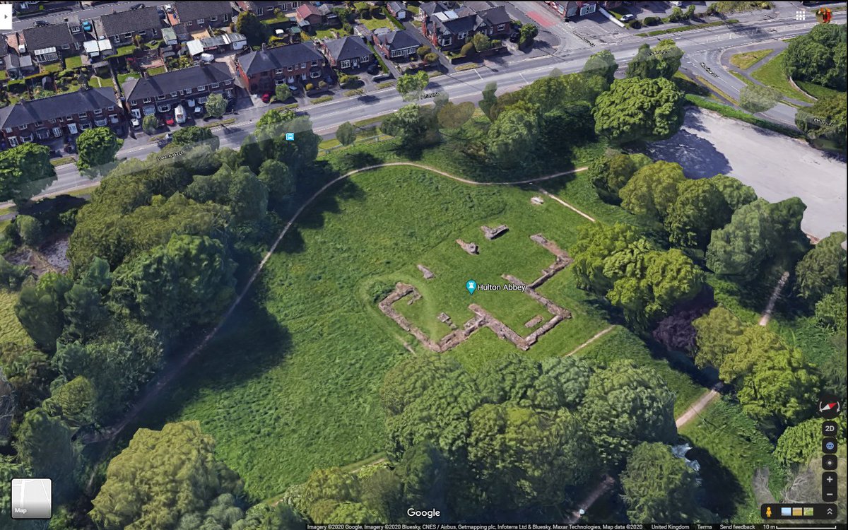 Hulton Abbey, another Cistercian house! Outside Stoke-on-Trent! £87 gross! But it did have an absurdly dinky four-bay nave. f.1219: did it never have laybrothers hence no choir for them? Only accurate plan I could get hold of was of these archaeological trenches dug in 1989.